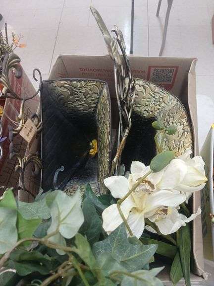 Box with two hanging planters, artificial plants. image