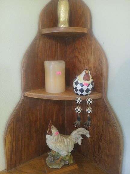Rooster shelf decor, candle, coke bottle decor. image