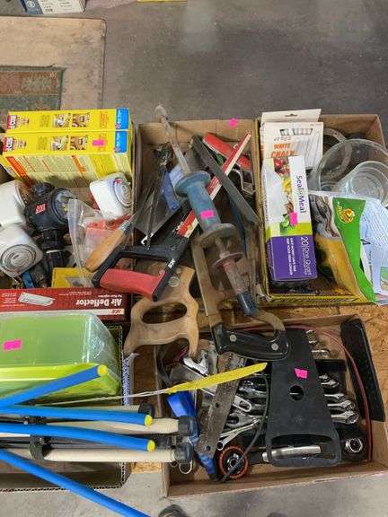 Five boxes of miscellaneous hardware, tools, bowls, and containers image