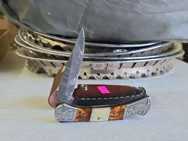 Damascus Folding Pocket Knife w/ Scabbard image