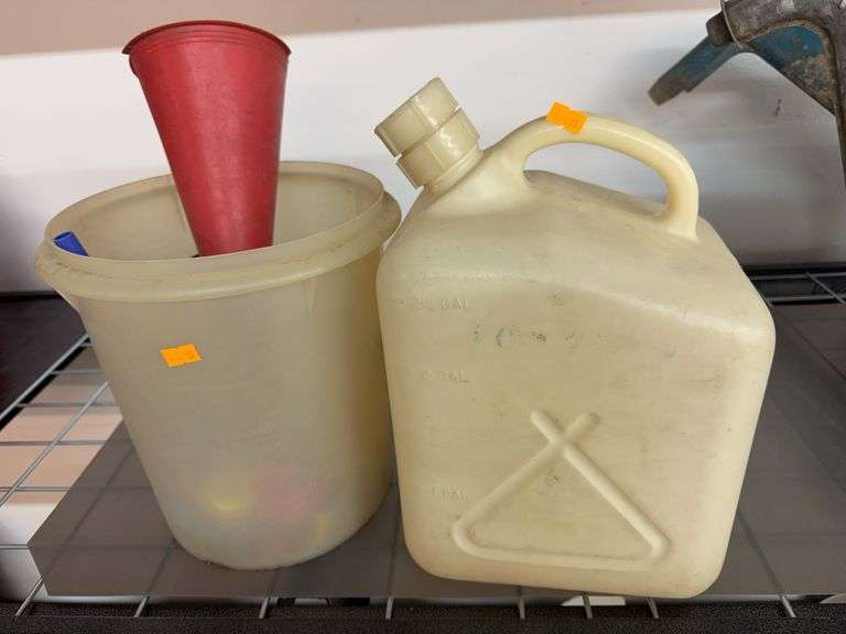 2 Gallon can with bucket of funnels image