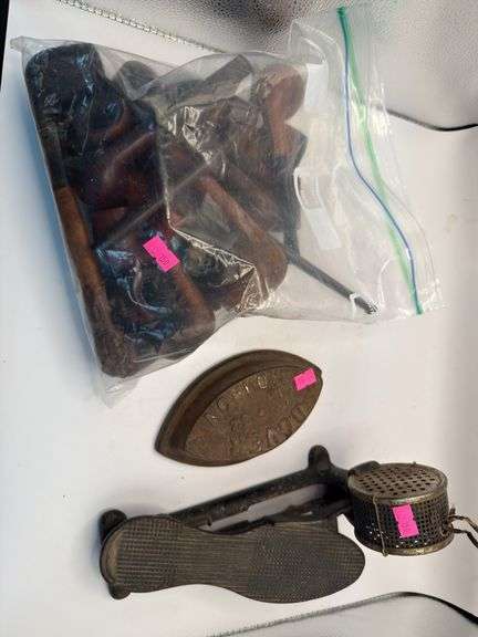 Dover sad iron, sewing machine speed control pedal, assorted smoking pipes image
