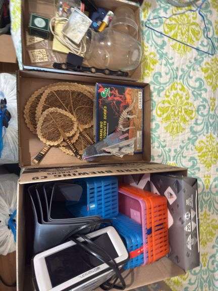 3 boxes of office supplies, knickknacks. image