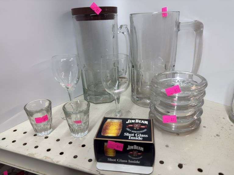 Assorted glass mugs, ice, trays, shot glasses image