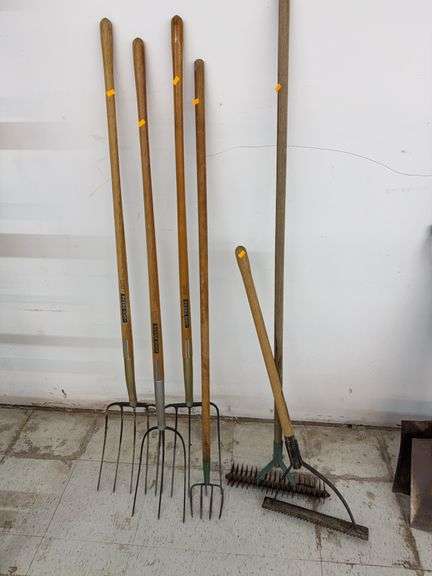 3 Pitch forks and assorted rakes image