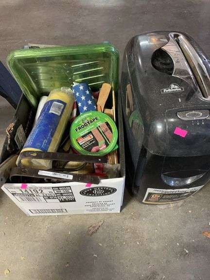 Box of various painting, supplies, hardware, and a paper shredder. image