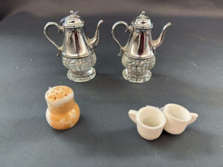 vintage silver teapot salt and pepper shaker set, tiny tea cups, Japanese play salt shaker image