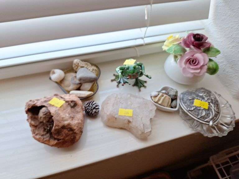 Assorted Decorative Items: Rocks, Trinket Box, and Figurine image