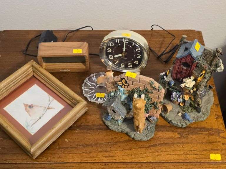 Assorted Home Decor: Framed Bird Print, Clocks, and Birdhouse Figurines image