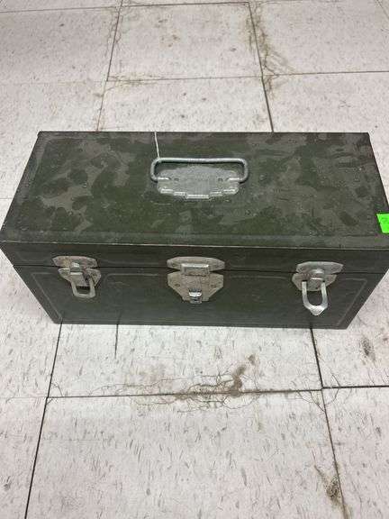 Vintage Style Metal Fishing Tackle Box with Fishing Lures and Gear