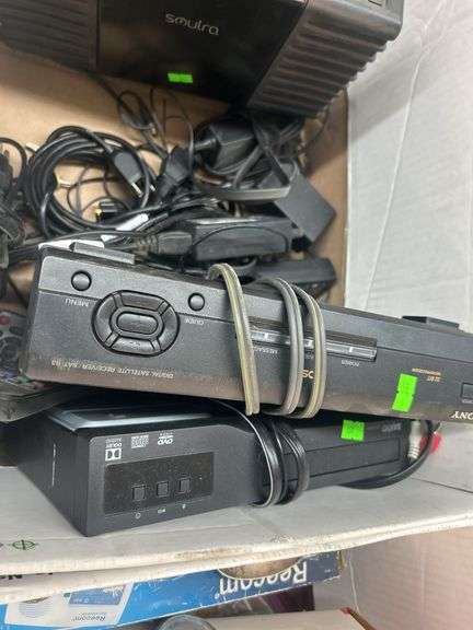 Box Lot of Electronics - Laptop, Satellite Receivers, Cords