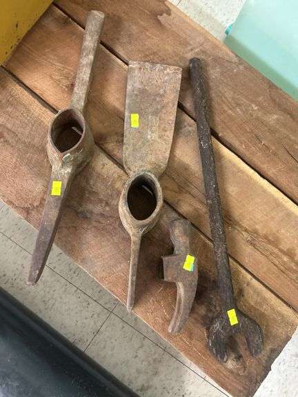 Lot of Assorted Tools, including Mattocks, Hoe, and Wrench
