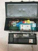 Vintage Style Metal Fishing Tackle Box with Fishing Lures and Gear