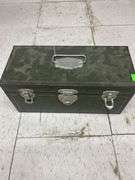 Vintage Style Metal Fishing Tackle Box with Fishing Lures and Gear