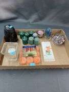 Assorted items: candles, air freshener sprayer, glass items