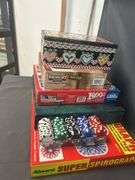 Assorted Collection of Games, Puzzle, Chips and Decorative Tin