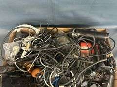 Box Lot of Electronics, Headphones, Cables, Controller, and Other Items