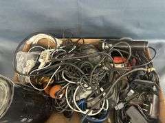 Box Lot of Electronics, Headphones, Cables, Controller, and Other Items