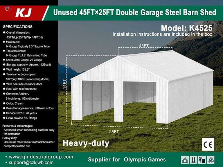 KJ New in Crate 45FTx25FT Double Garage steel barn  model K4525