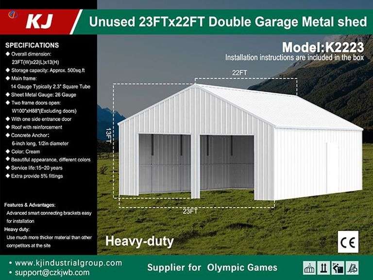 KJ New in crate 23FTx 22FT double garage metal shed model K2223