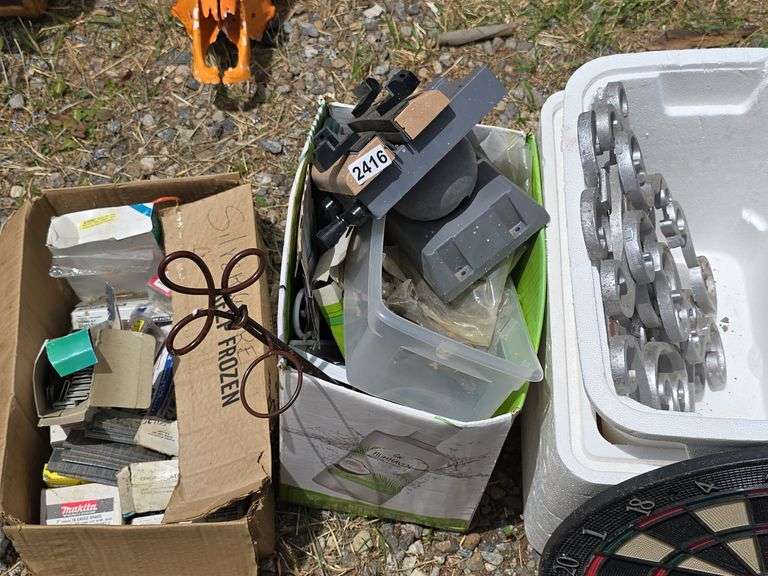 Mixed Lot: Metal Rings, Tools, Dartboard, Bar Stool, and More