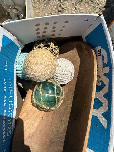 Boxes of Home Decor Items: Oil Lamps, Wood Bowl, & Decorative Balls