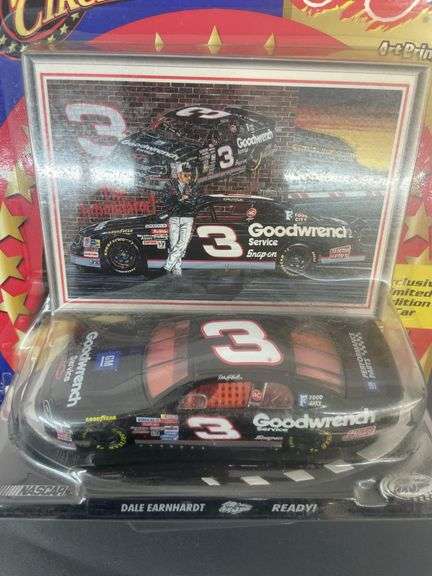 Winner's Circle 1:43 scale diecast car featuring Dale Earnhardt's #3 NASCAR Goodwrench Chevrolet, part of the Sam Bass Collection Art Print Series