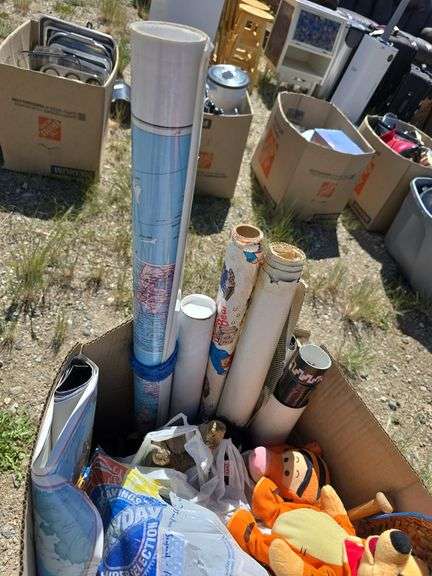 Box Lot of Rolled Maps, Plush Toys, and Straw Hat