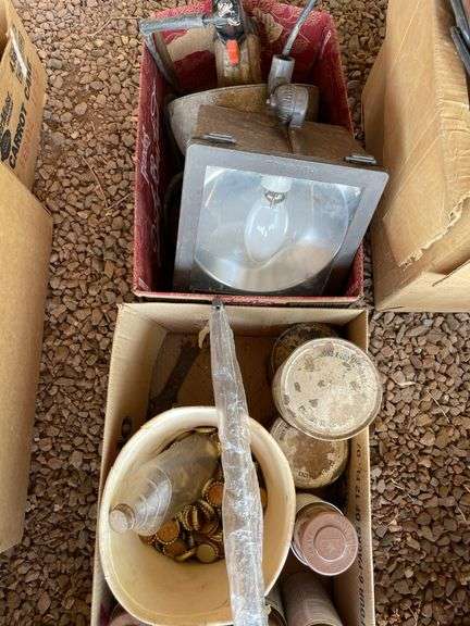 Miscellaneous lot of metal boxes, spray, paint oil, light fixtures, and tools
