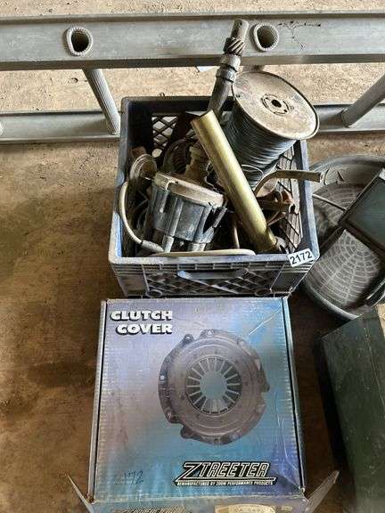 Miscellaneous auto parts, come along, crate and metal box