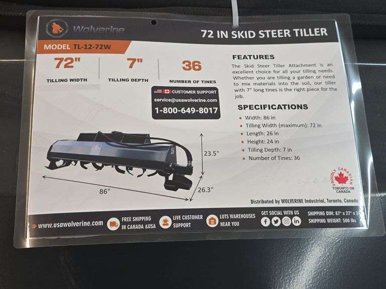 New Wolverine Skid Steer Hydraulic Rotatory Tiller Attachment