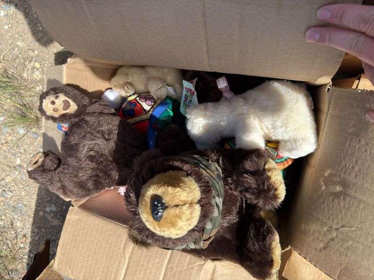 Box Lot: Stuffed Bears, Elephant Puppet, and Other Collectibles
