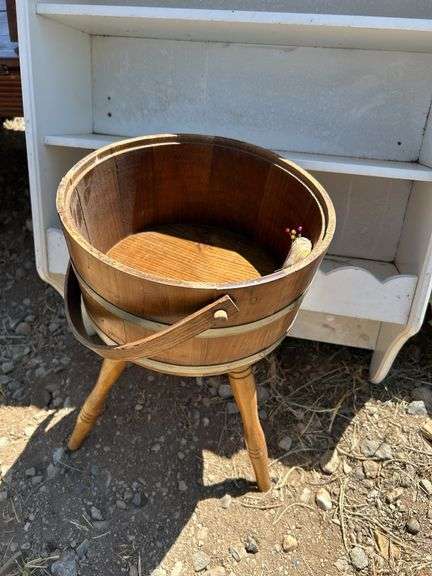 Painted Wooden Shelf and Wooden Bucket Stool