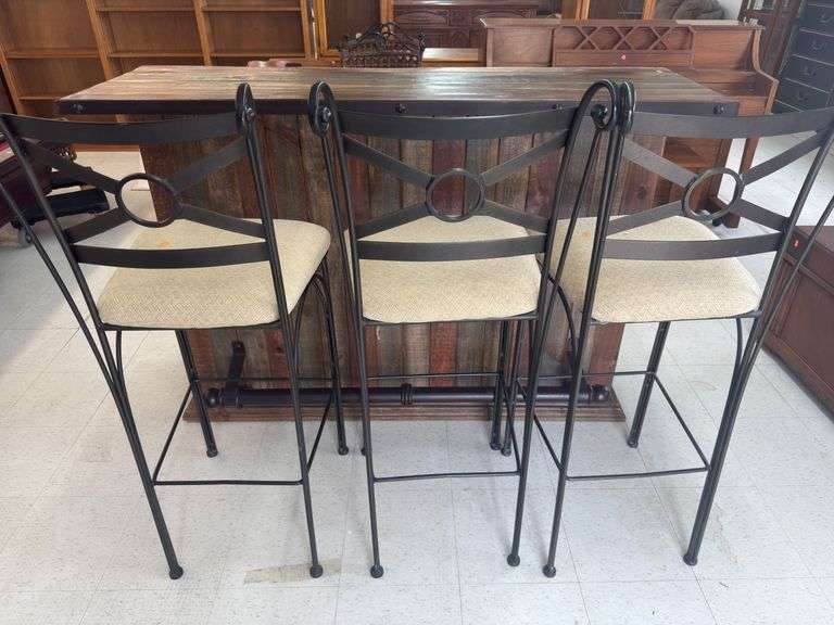 Pinewood Bar w/ 3 metal bar stools image