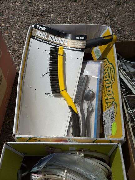 Boxes of Assorted Hardware, Gloves, and Wire Brushes