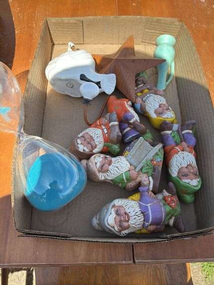 Box Lot: Assorted Decorative Items including Garden Gnomes, Hourglass, Star