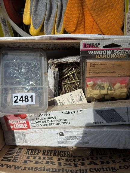 Boxes of Assorted Hardware, Gloves, and Wire Brushes