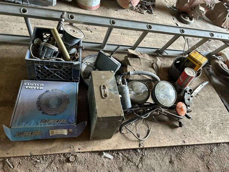 Miscellaneous auto parts, come along, crate and metal box