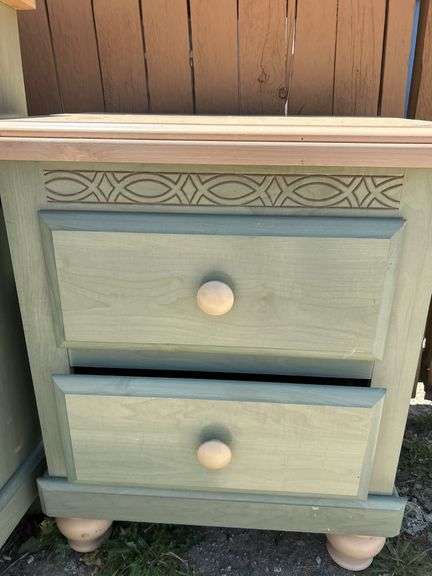 Pair of Green Painted Wood Two Drawer Nightstand