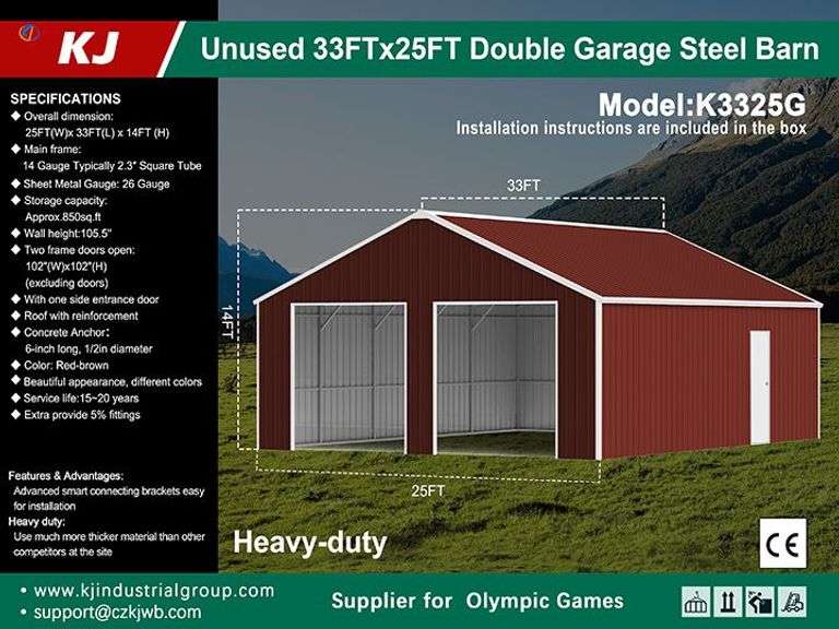 KJ New in Crate 33FTx25FT Double Garage Steel Barn Model K3325G