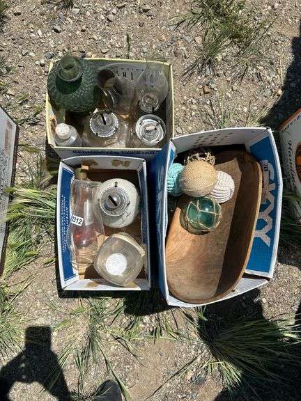 Boxes of Home Decor Items: Oil Lamps, Wood Bowl, & Decorative Balls