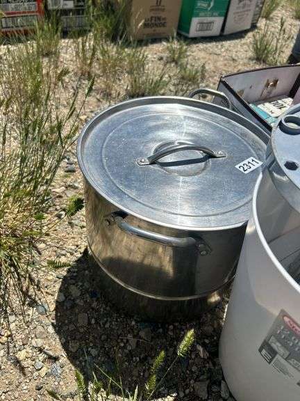 Mixed Lot: Large Stock Pot, Bucket, and Box of Assorted Items