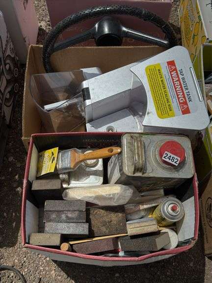Assorted Tools, Paint Cans, Steering Wheel, and More