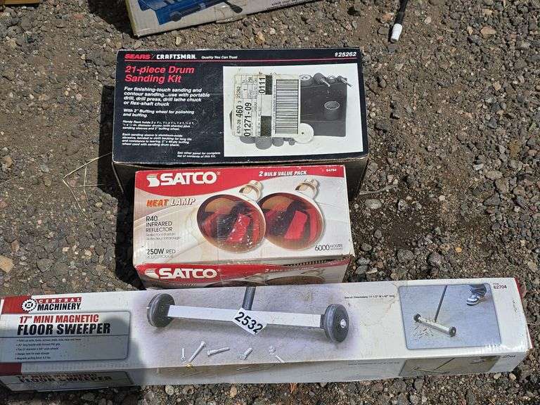 Craftsman Drum Sanding Kit, Satco Heat Lamps, and Central Machinery Floor Sweeper