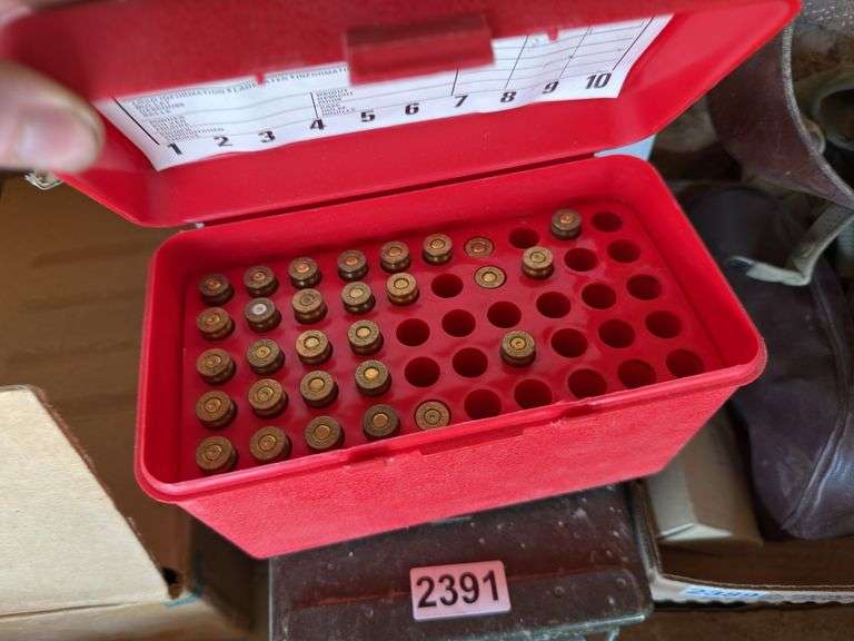 Assorted casings, ammunition box.