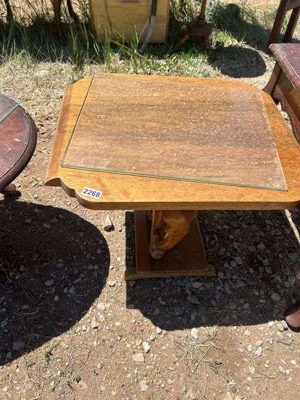 Elephant Carved Wood End Table with Glass Top