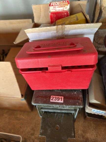 Assorted casings, ammunition box.