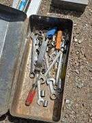 Mixed Lot of Tools: Metal Toolboxes, Wrenches, Levels, and Door Hardware Jig