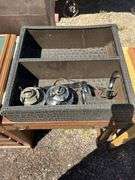 Wooden Desk with Print and Miscellaneous Items