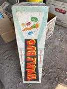 Box of two plastic sleds and assorted toys